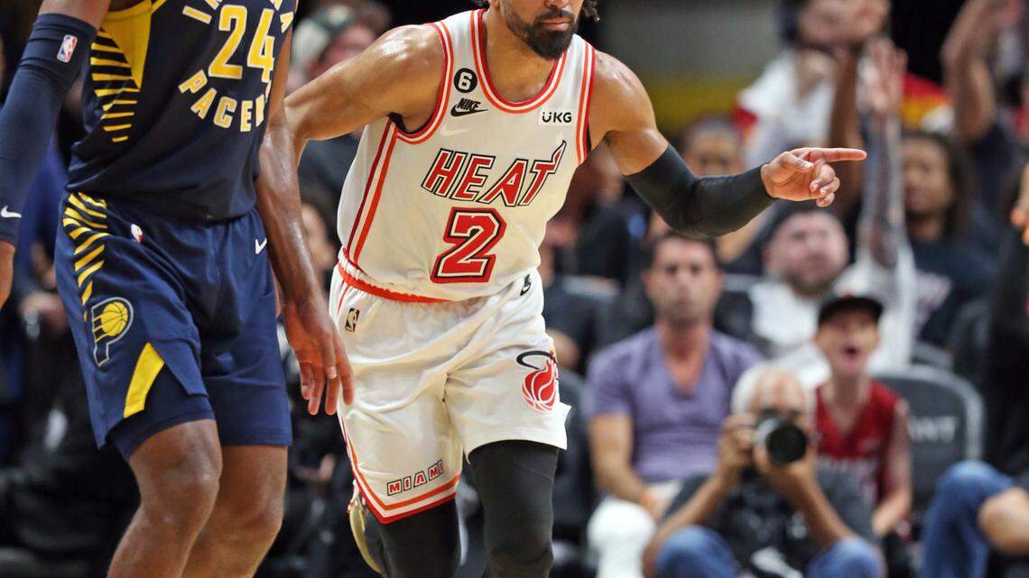 Miami Heat guard Gabe Vincent (2) reacts after hitting a three-pointer in the fourth quarter as Indiana Pacers guard Buddy Hield (24) defends at Miami-Dade Arena in Miami, Florida on Wednesday, February 8, 2023.