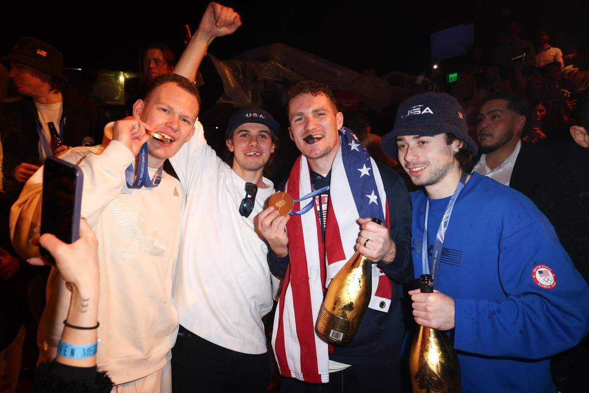 MIAMI, FLORIDA - FEBRUARY 23: Brady Tkachuk, Jack Hughes, Matthew Tkachuk and Quinn Hughes attend a celebration of the USA Men's Hockey Team's Olympic Gold at E11EVEN Miami on February 23, 2026 in Miami, Florida.  (Photo by Alexander Tamargo/Getty Images for E11EVEN Miami)