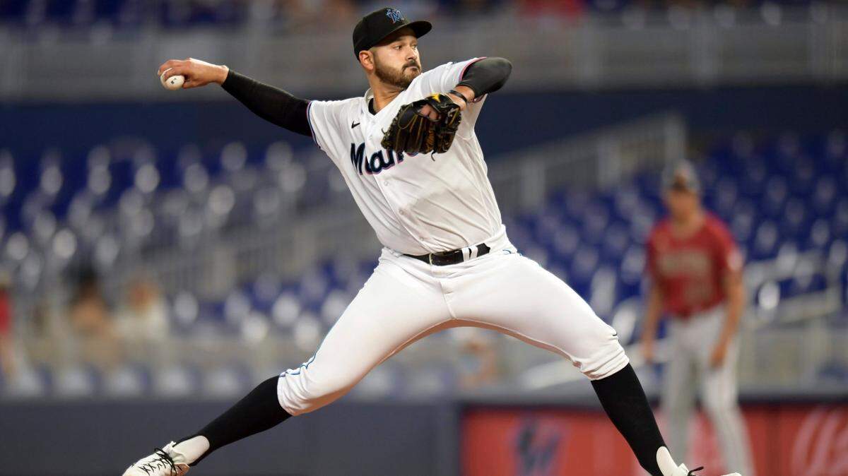 Miami Marlins’ starting pitcher Pablo Lopez delivers against the Arizona Diamondbacks during the first inning of a baseball game, Monday, May 2, 2022, in Miami. (AP Photo/Jim Rassol)