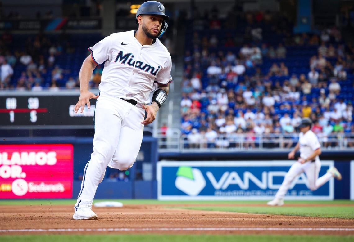 Miami Marlins catcher Agustín Ramírez (50) rounds third base during the fifth inning of a game against the Los Angeles Dodgers on Wednesday, May 7, 2025, at loanDepot Park in Miami, Fla.