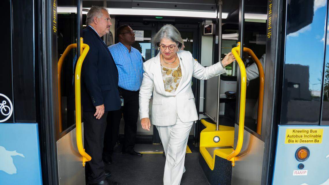 Miami-Dade County Mayor Daniella Levine Cava exits an electric bus at the Metro Express BRT station at SW 168th Street on the South Dade TransitWay in Miami, Florida, Wednesday, October 1, 2025.
