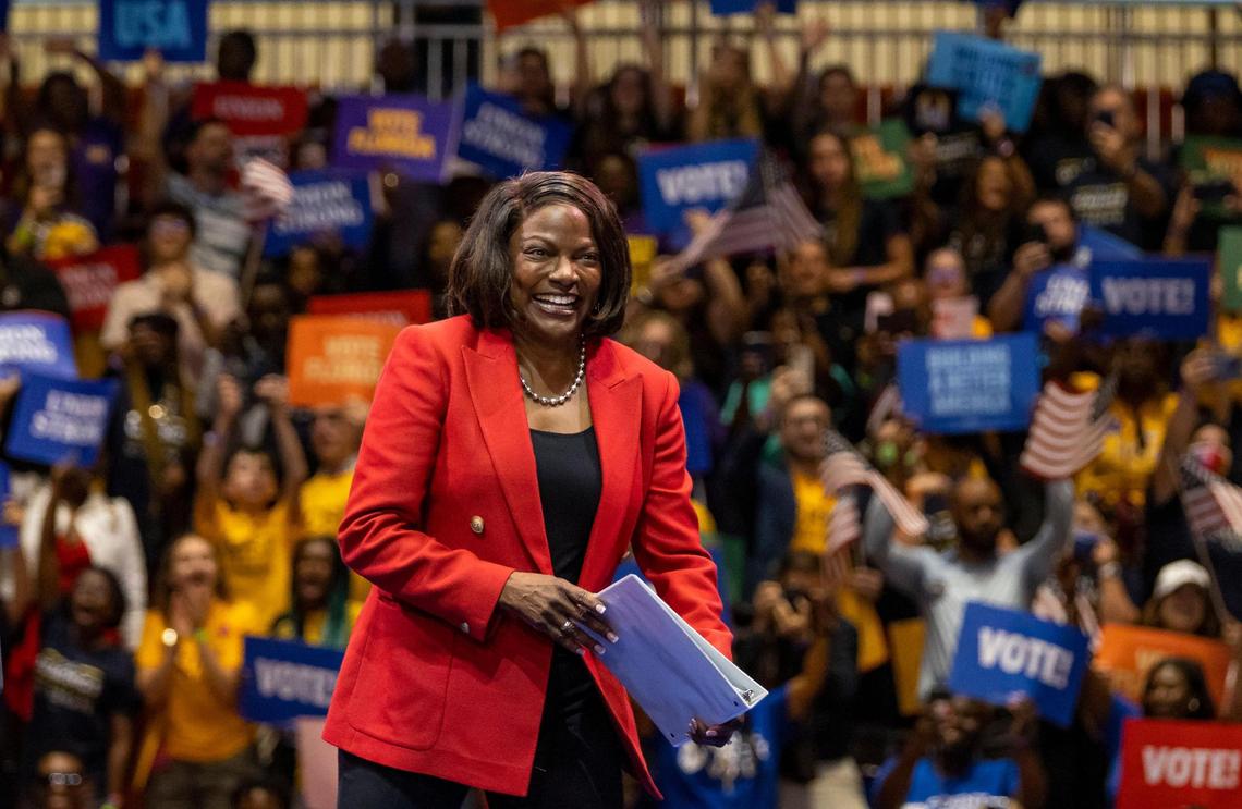 Val Demings, who is running against Marco Rubio for Florida Senator, reacts during a political rally at Florida Memorial University on Tuesday, Nov. 1, 2022, in Miami Gardens, Fla. The rally was held in anticipation of the Nov. 8th elections.