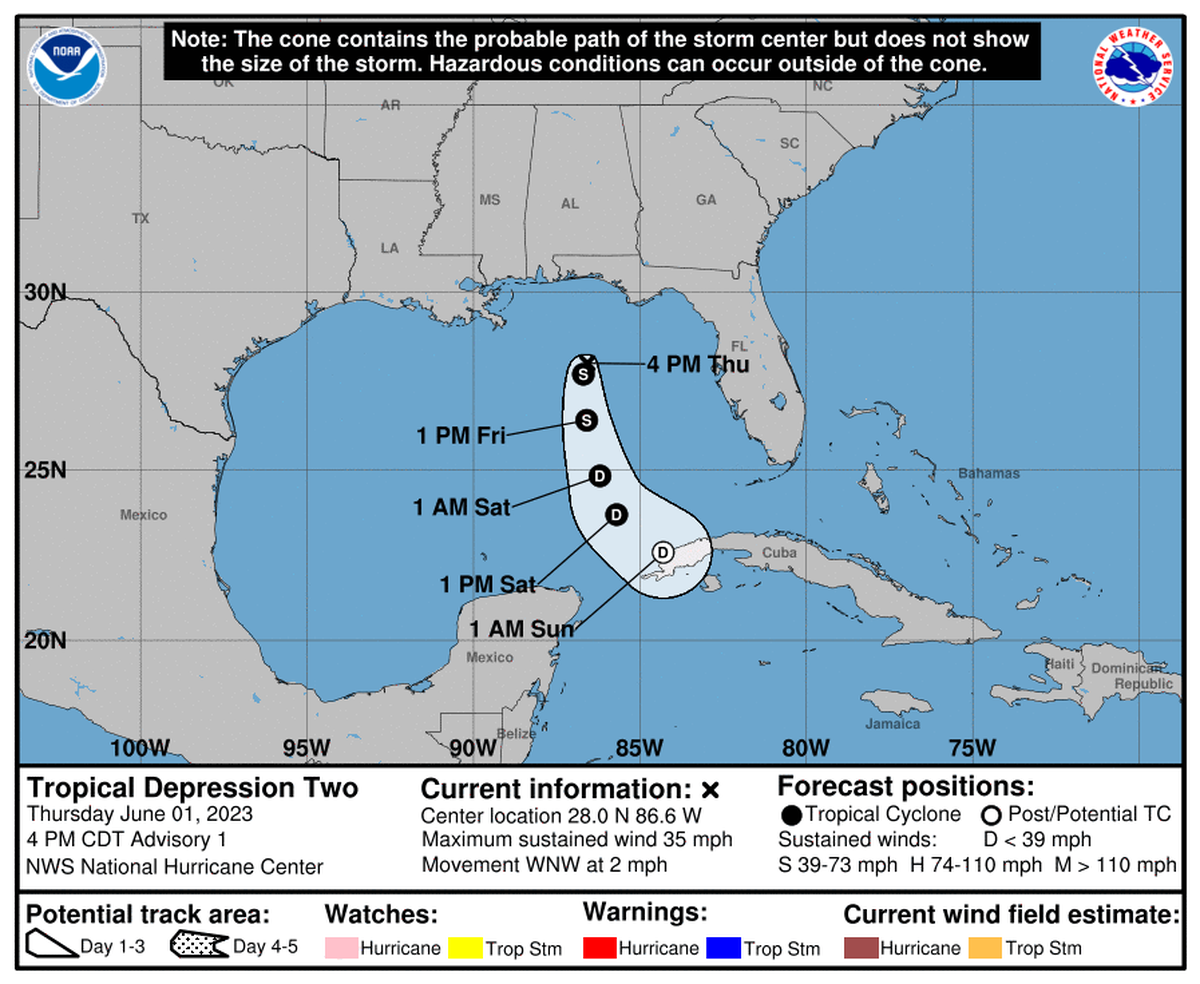 The National Hurricane Center predicts that tropical depression two will head south before dissolving near Cuba.