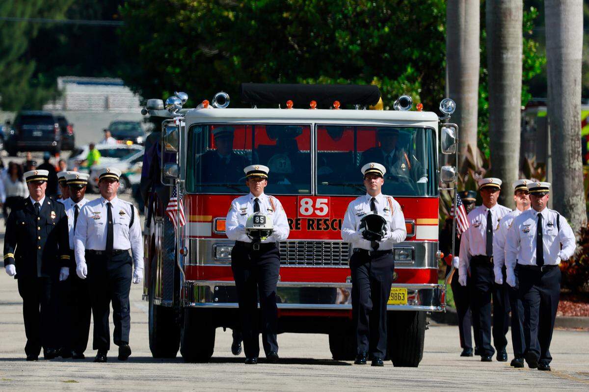 The funeral procession for Broward Sheriff Fire Rescue Battalion Chief Terryson Jackson arrives at the Faith Center in Sunrise on Friday, September 8, 2023. Jackson died in a helicopter crash on Monday, Aug. 28, when he and two BSFR colleagues were responding to an emergency call. (Mike Stocker/South Florida Sun Sentinel)