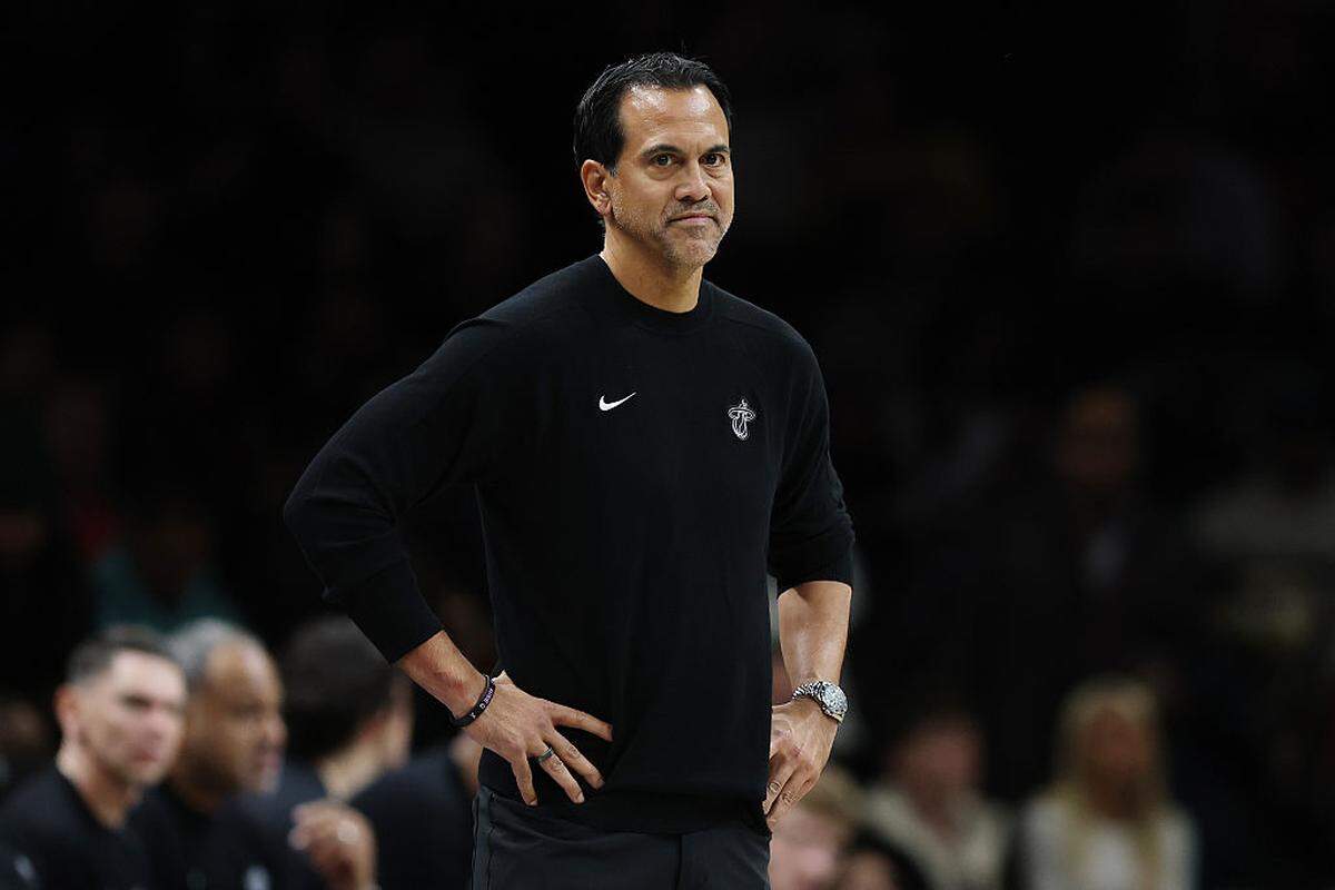 Head coach Erik Spoelstra of the Miami Heat looks on during the first half against the Brooklyn Nets at Barclays Center on December 18, 2025 in the Brooklyn borough of New York City.