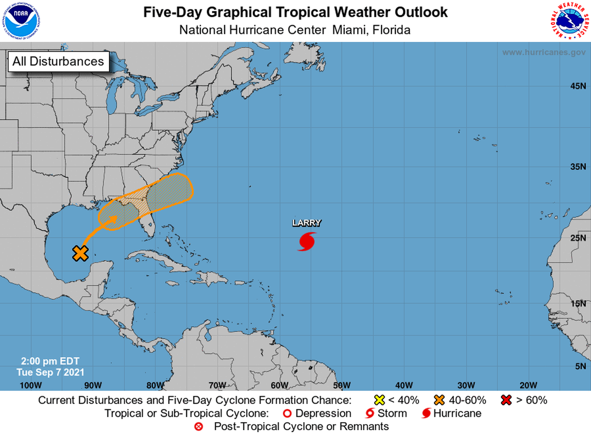 The hurricane center upped the chances that the disturbance in the Gulf of Mexico could develop into a tropical depression this week.