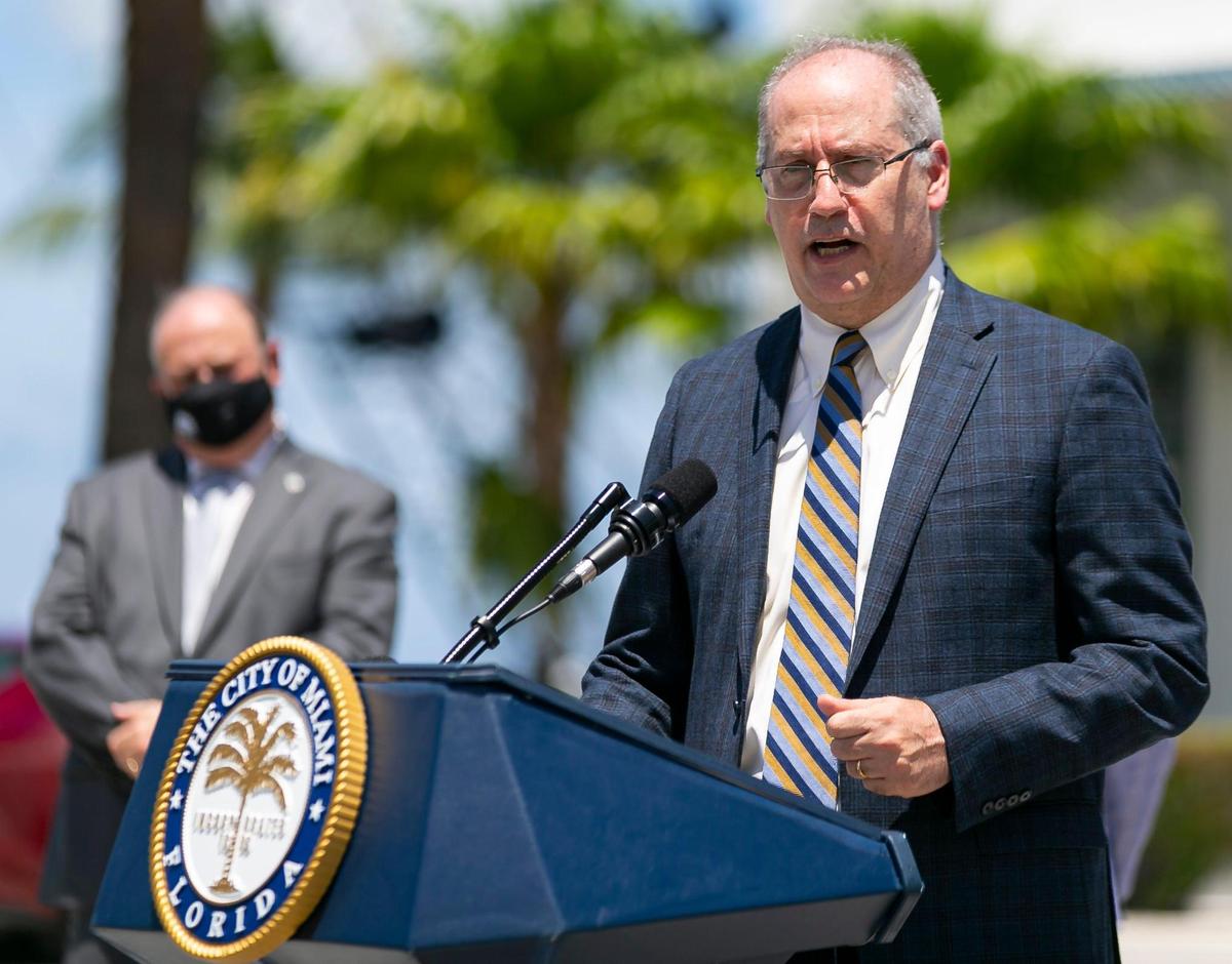 Miami Beach Mayor Dan Gelber speaks during a COVID-19 press conference outside of Miami City Hall in Coconut Grove, Florida on Monday, June 22, 2020. A total of 15 Miami-Dade mayors gathered to announce stricter enforcement of COVID-19 rules across the county.