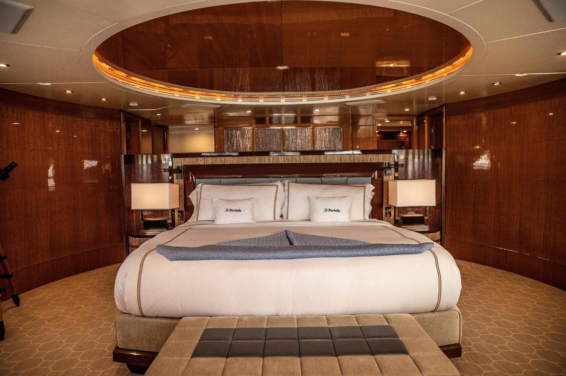 Master bedroom of IL BARBETTA , a super yacht 145 ft / 44.2 m, built by Benetti, and launched in 2009, and refit in 2021, docked at Island Gardens Marina for sale at $14.5 million. during the Miami Boat Show 2022, on Thursday, February 17, 2022.