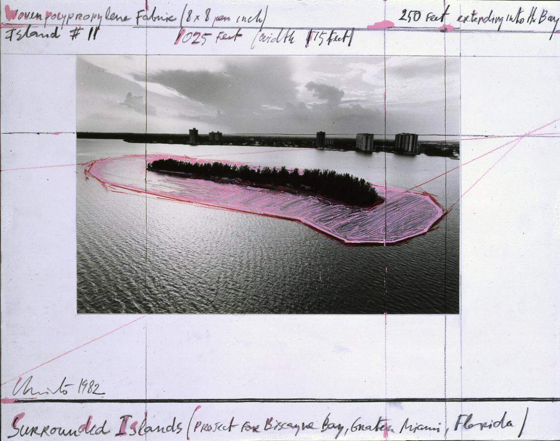 A preparatory drawing from 1982 by artist Christo on a photograph of a spoil island in Biscayne Bay showing how his 'Surrounded Islands' project will look when installed.