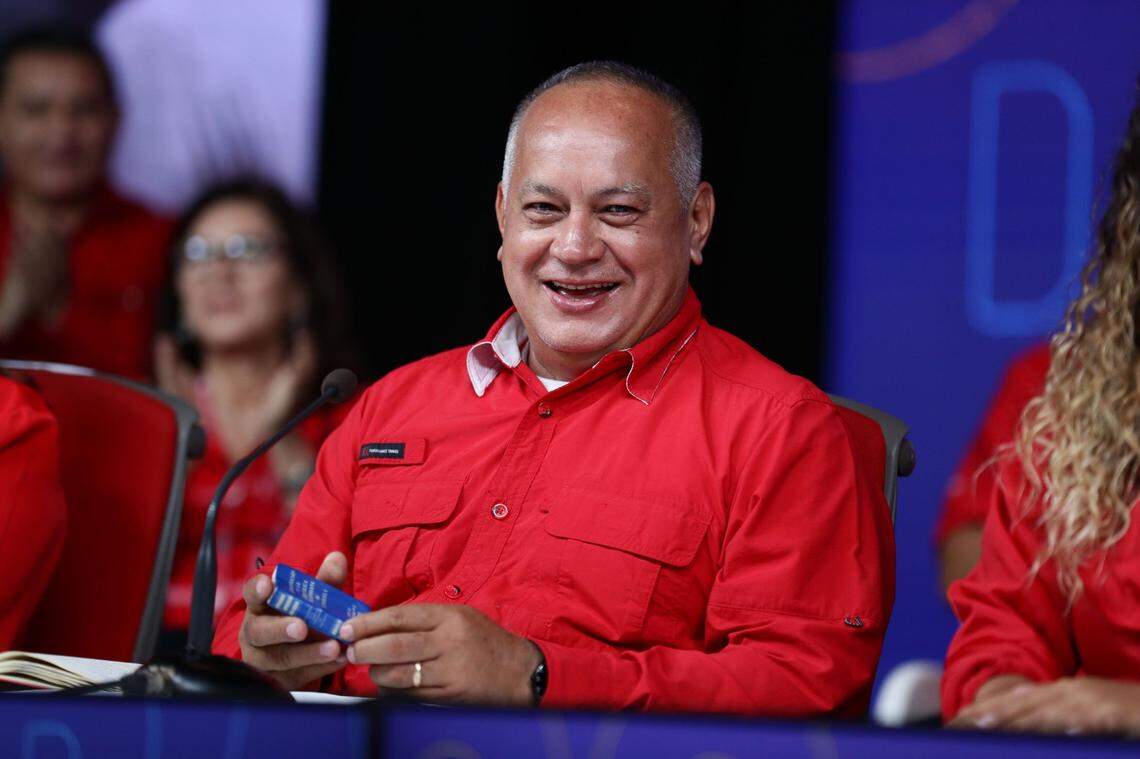 Diosdado Cabello speaks at a Caracas news conference during the November 2021 election to choose governors, mayors and legislators.