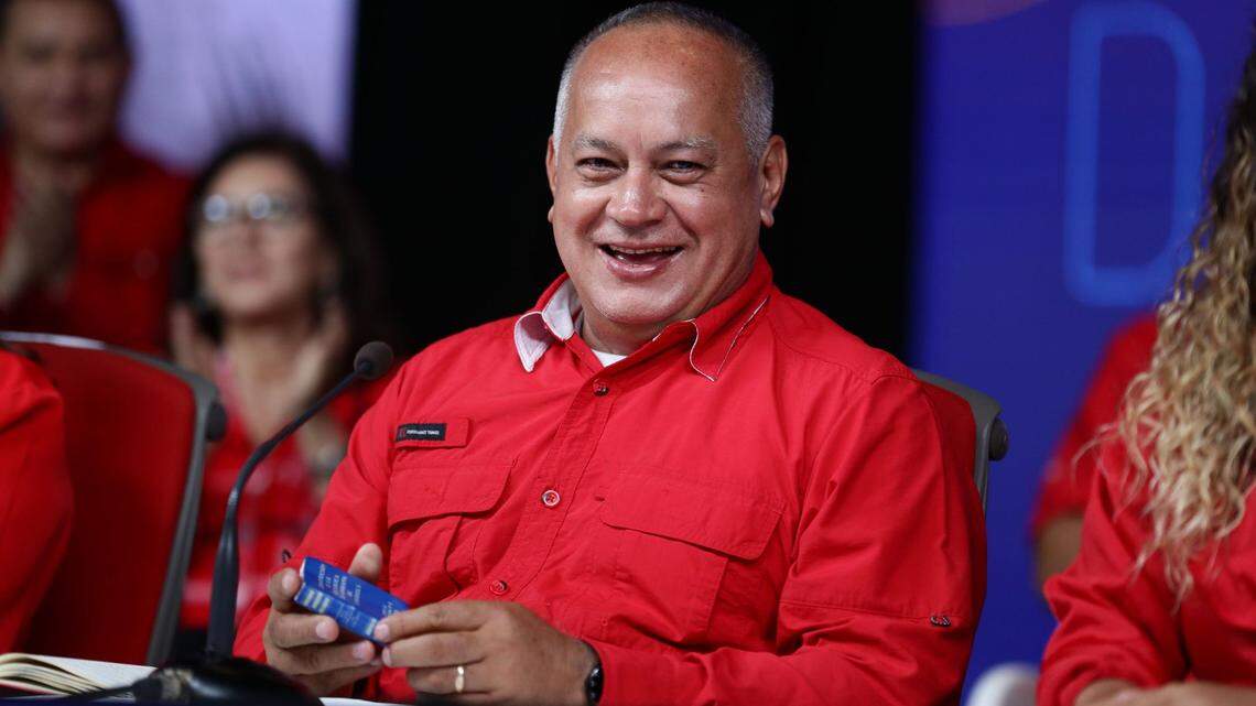 Diosdado Cabello speaks at a Caracas news conference during the November 2021 election to choose governors, mayors and legislators.
