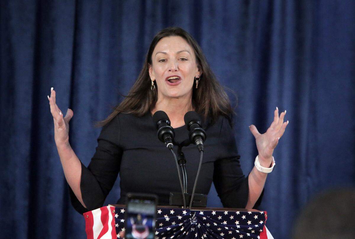 The Democratic nominee for Commissioner of Agriculture and Consumer Services, Nikki Fried, speaks to supporters during a rally in Orlando on Aug. 31, 2018.