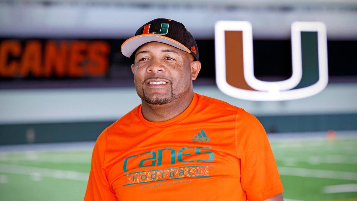 Miami Hurricanes running backs coach Tim Harris, Jr. arrives to speak to reporters at the Carol Soffer Indoor Practice Facility on the University of Miami campus in Coral Gables on Thursday, March 30, 2023.