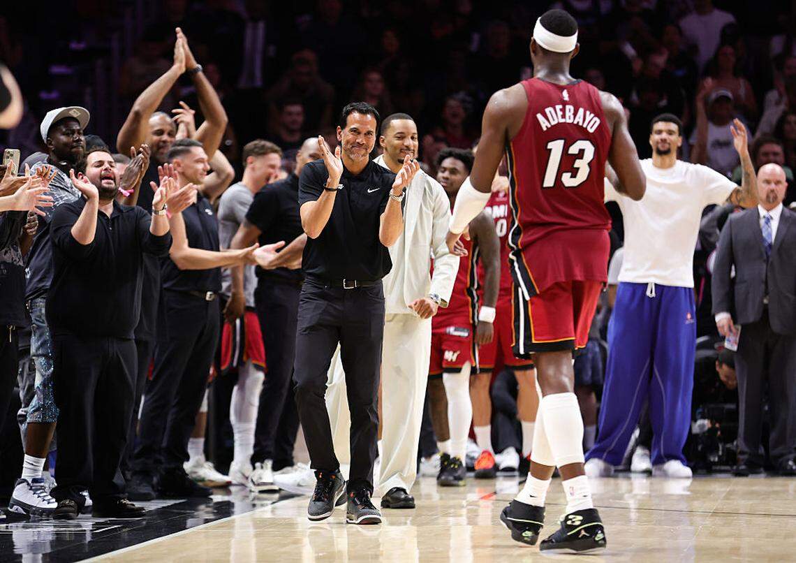 Head coach Erik Spoelstra of the Miami Heat celebrates as Bam Adebayo #13 leaves the game during the fourth quarter against the Washington Wizards at Kaseya Center on March 10, 2026 in Miami.
