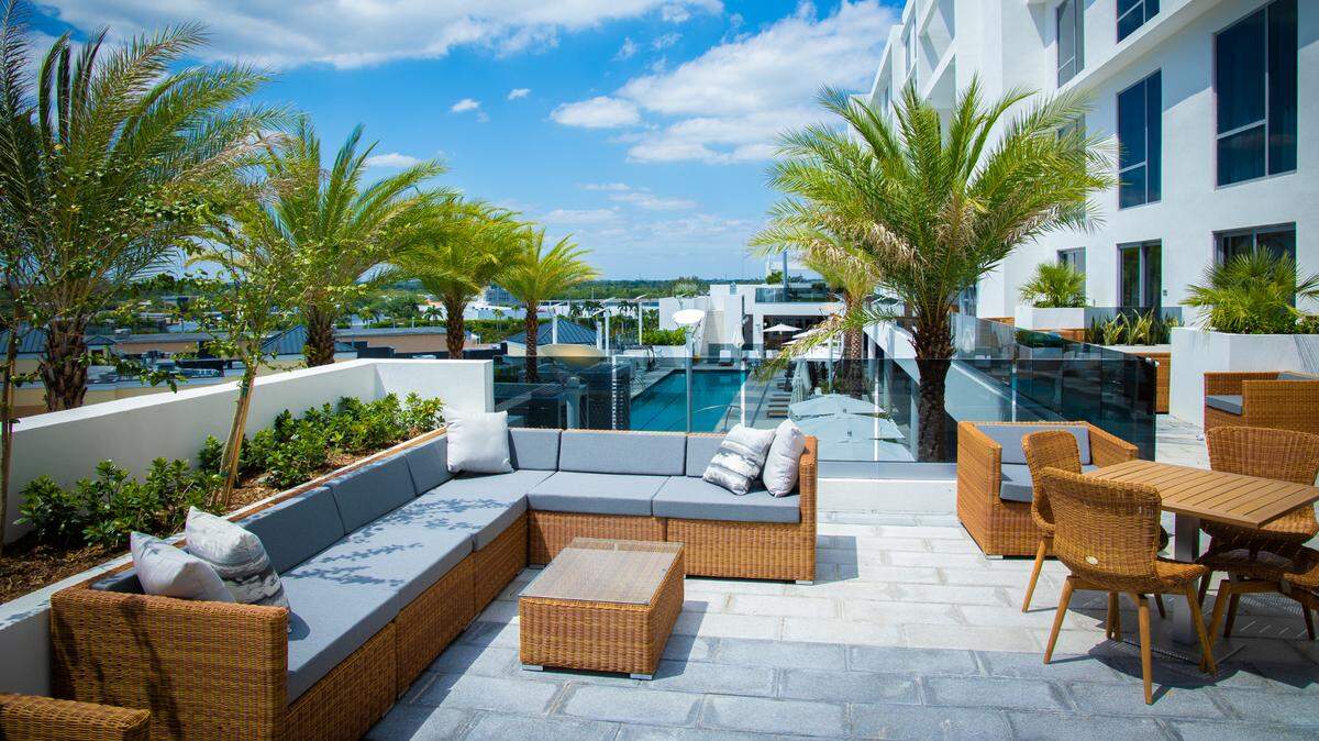 The terrace above the pool deck at the new Hilton Aventura Miami.