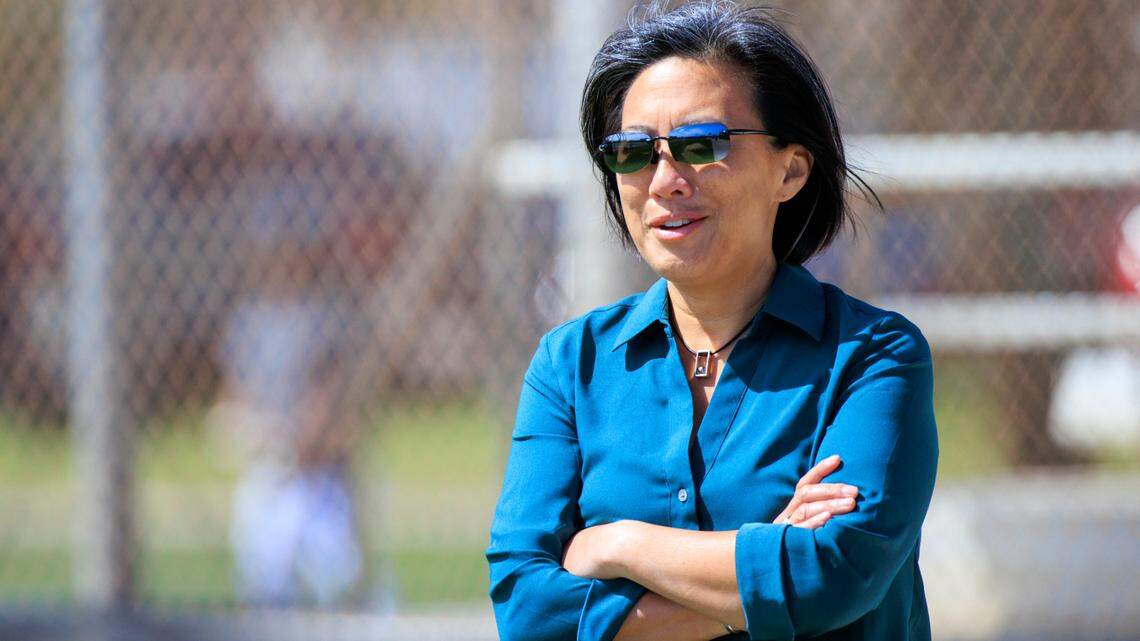 Miami Marlins General Manager Kim Ng looks on during the first full-squad spring training workout at Roger Dean Stadium on Monday, March 14, 2022 in Jupiter, FL.