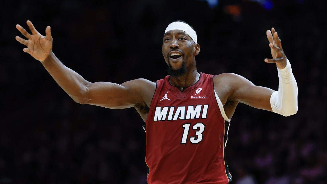 Miami Heat center Bam Adebayo (13) reacts on the court in the first half of their NBA basketball game against the Toronto Raptors at Kaseya Center on December 23, 2025.