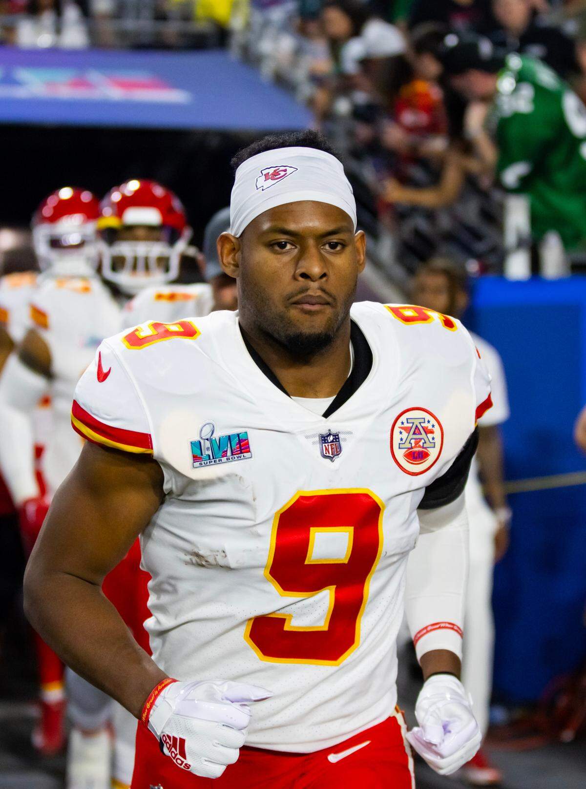 Feb 12, 2023; Glendale, Arizona, US; Kansas City Chiefs wide receiver JuJu Smith-Schuster (9) against the Philadelphia Eagles during Super Bowl LVII at State Farm Stadium. Mandatory Credit: Mark J. Rebilas-USA TODAY Sports
