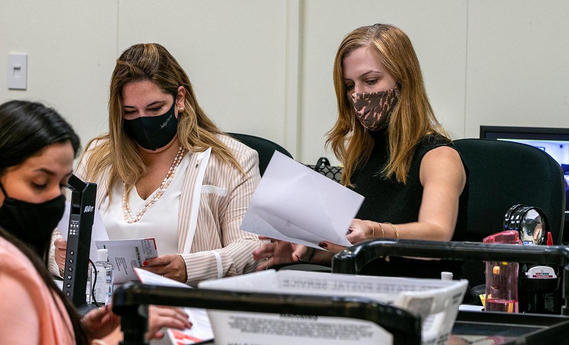 Canvassing board member-from Judge Victoria Ferrer (left), joined Christina White, Miami-Dade County Supervisor of Elections, during the board daily meeting to resolve thorny questions on thousands of initially rejected mail-in ballots and early voting ballots ahead of the 2020 general election. The Miami-Dade election department alone has already received more than 272,000 vote-by-mail ballots including some 3,200 preliminary rejections due to voter errors such as signatures on the ballot envelope that dont match those on record. on Friday, October 23, 2020