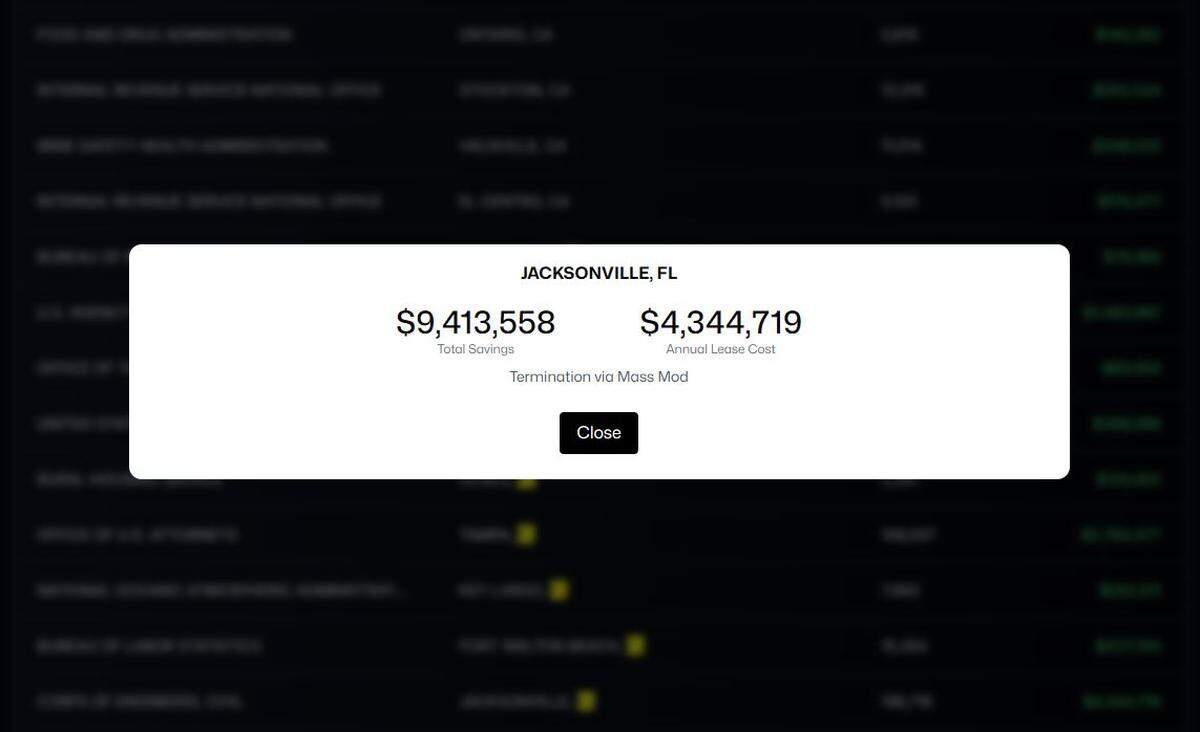 This screenshot from the Department of Government Efficiency website shows the alleged cost savings of breaking the lease for the Army Corps of Engineers’ Jacksonville District in Jacksonville, Florida.