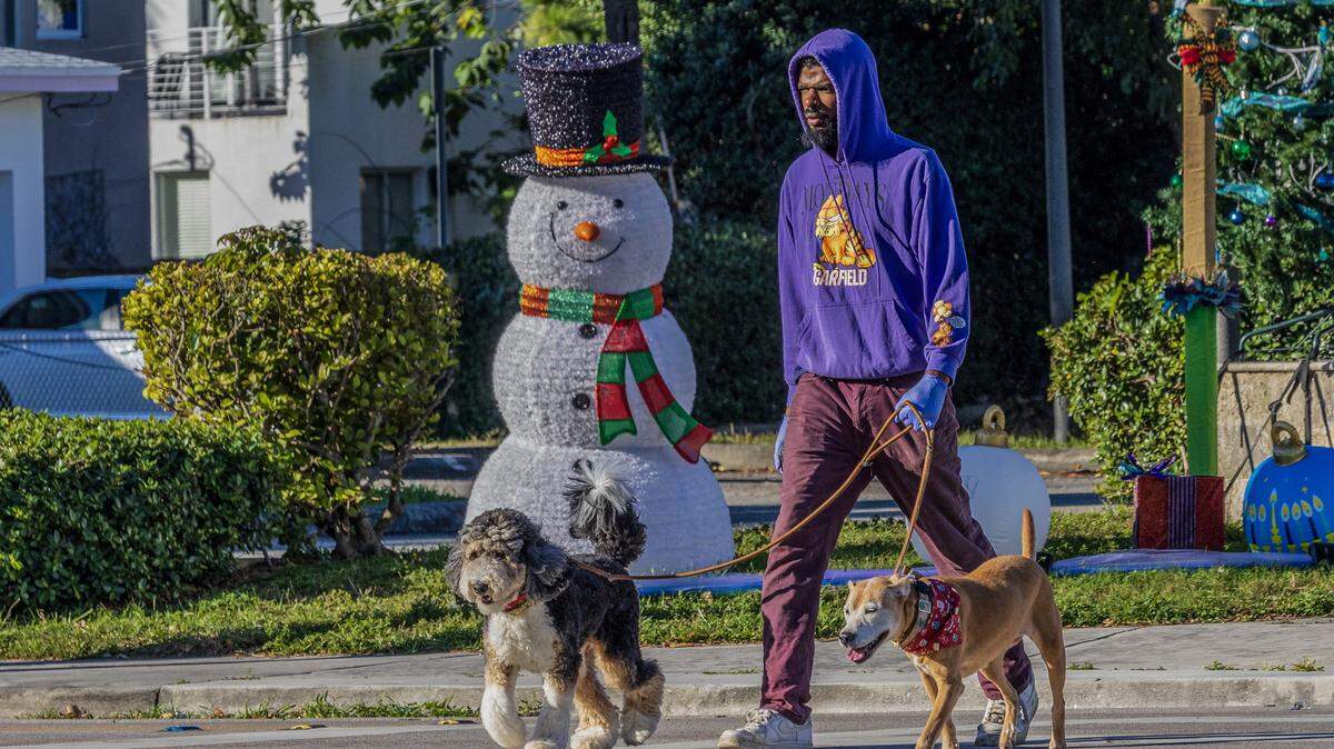 A man walks his dogs in Coconut Grove on Dec. 31, 2025, one of the coldest New Year’s Eves in decades. The first week in February 2026 will plunge temperatures colder, into the 30s around South Florida.