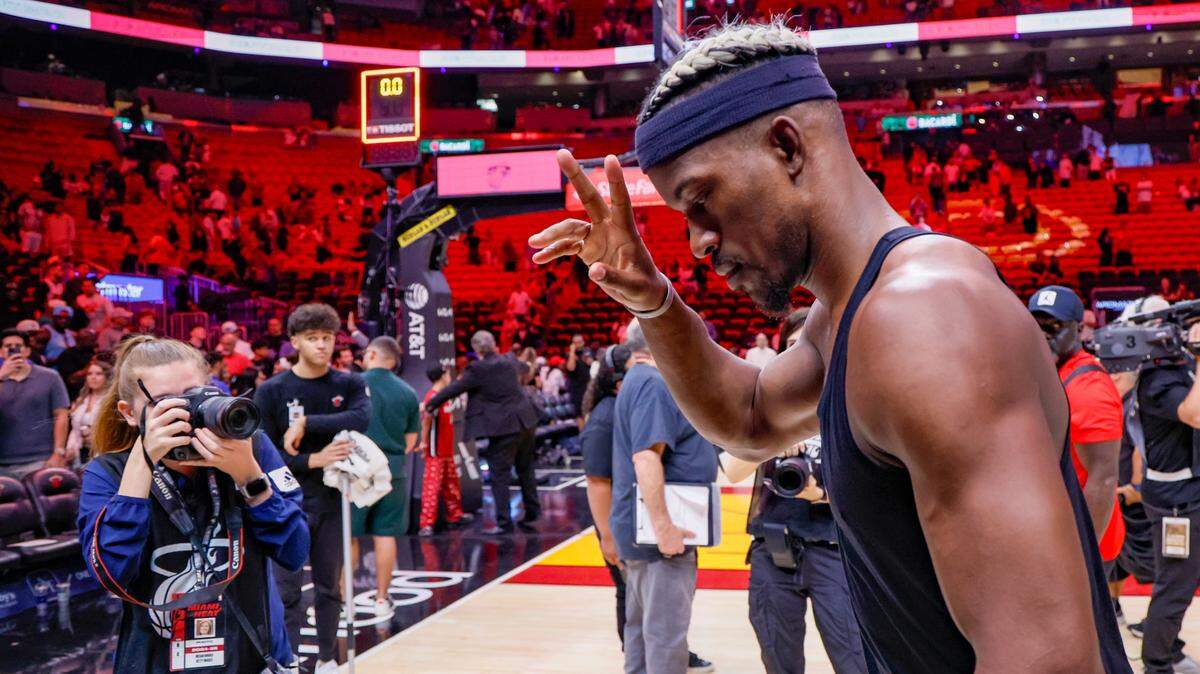 Miami Heat forward Jimmy Butler (22) walks off the court after the NBA basketball game against the San Antonio Spurs at the Kaseya Center in Miami, Florida on Sunday, January 19, 2025.