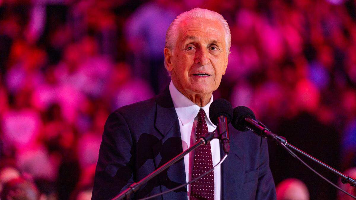 Miami Heat President Pat Riley addresses the crowd during a half-time presentation to dedicate the court to Riley at Kaseya Center on October 23, 2024, in Miami.