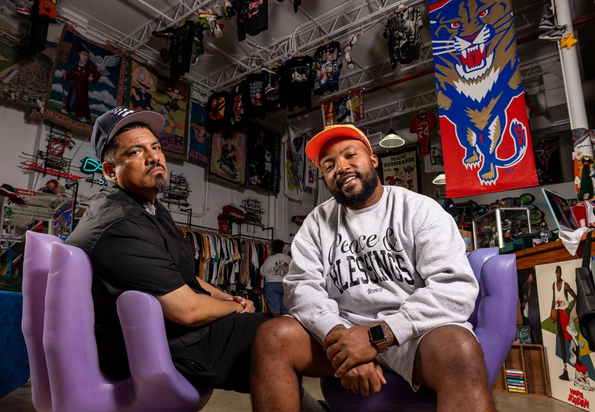 Rapper Greg “King Tetrus” Owens, 36, right, and Manny Fuentes, 47, CEO of Still A Hobby? Ent., are photographed at Yesterday Miami on Saturday, May 10, 2025, in Miami.