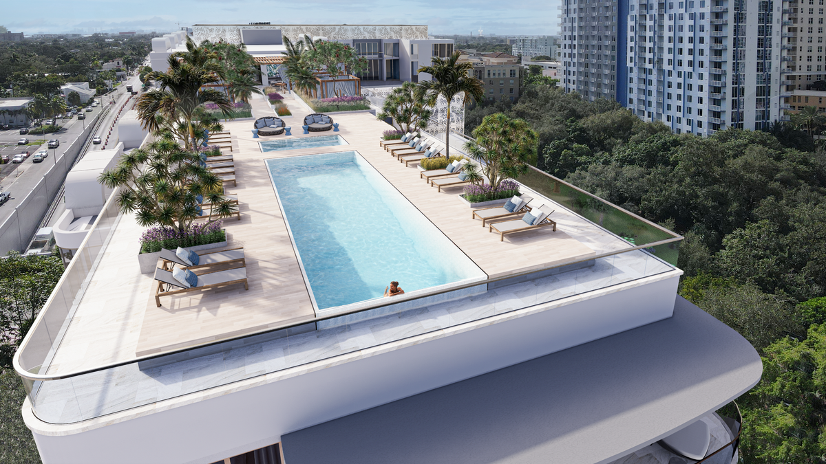 Sixth & Rio tendrá varios servicios, entre ellos una azotea con piscinas y cabañas. Arriba: Representación de la terraza de la piscina de Sixth & Rio.