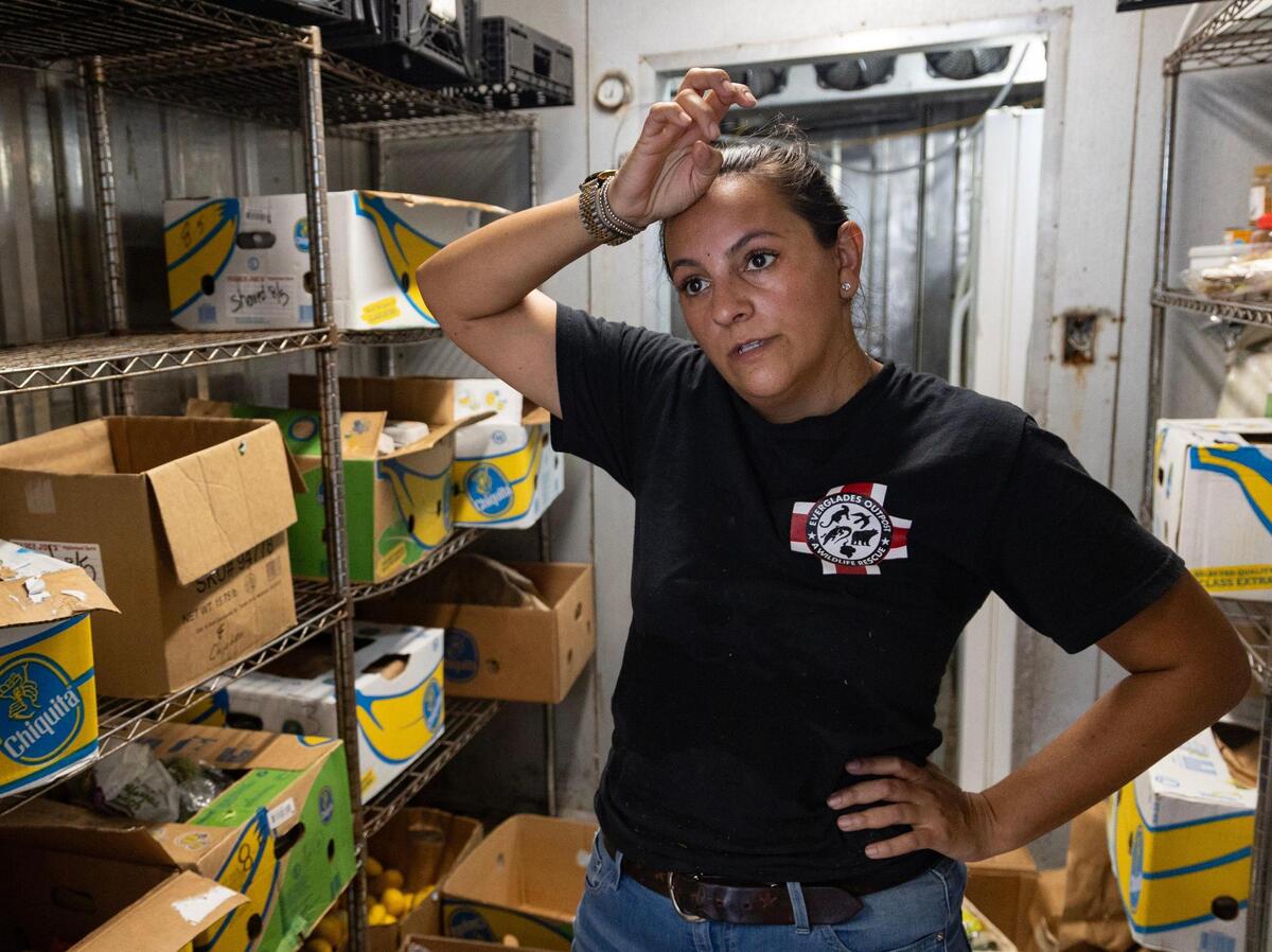 Martha Frassica-Rivera talks to Amanda as they sort through produce and meal prep for the animals for the week on Aug. 7, 2023. They pick up produce and eggs that are still edible but can no longer be sold from Trader Joe’s every Saturday for free. Frassica-Rivera said the outpost also pays $1200 per year to take part in a meat recycling program. They pick up meat that was returned and can no longer be sold at Walmart once per week. On Sundays and Mondays, they sort through all the food to determine what the animals can eat and then prepare it for the week.