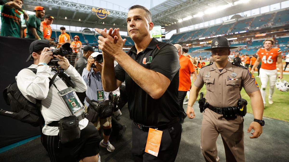 Miami Hurricanes head coach Mario Cristobal reacts after the Canes defeat Virginia Cavaliers at Hard Rock Stadium in Miami Gardens on Saturday, October 28, 2023.