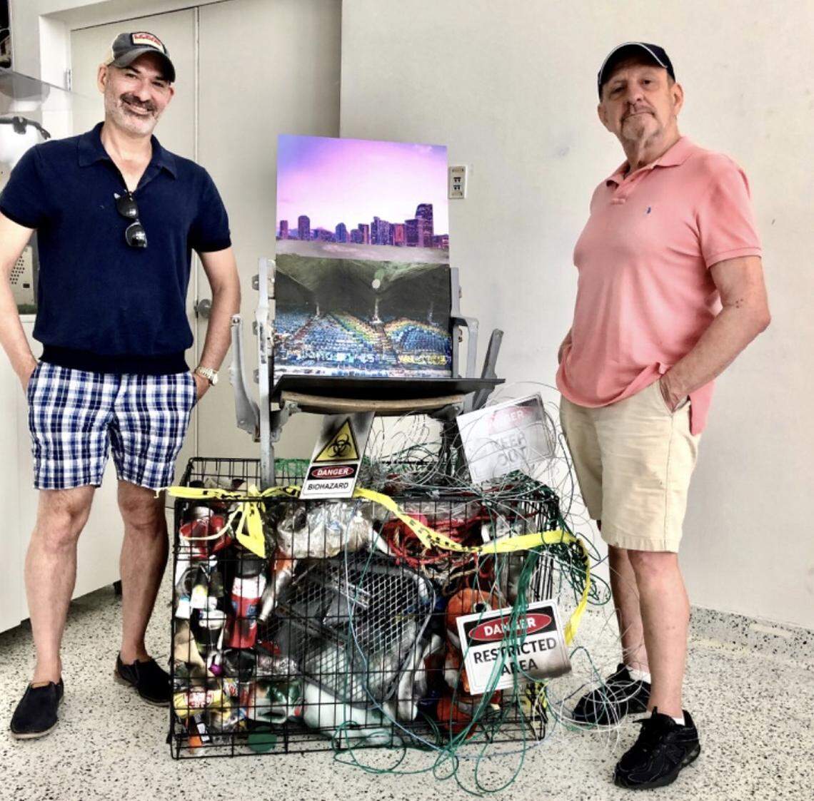 Artists Alfredo Cappelli and George Hernandez partnered to create a chair that sits atop a wire crate filled with trash that is polluting the ocean.