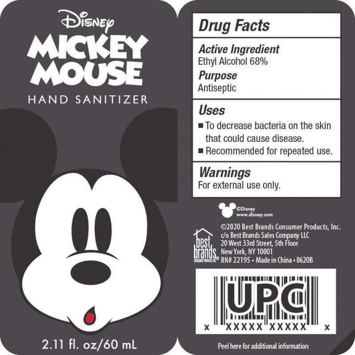 The label for recalled Mickey Mouse Hand Sanitizer