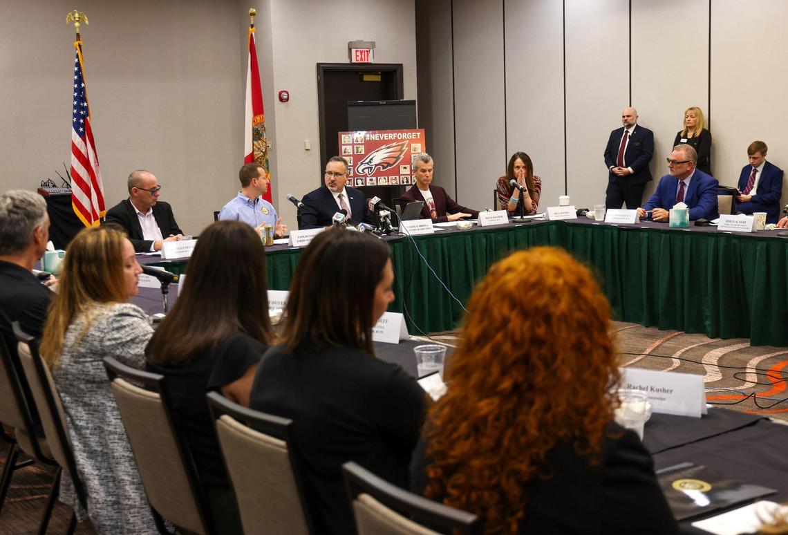 The U.S. Secretary of Education Miguel Cardona leads a round table with parents of victims of the mass shooting by the invitation of U.S. Congressman Jared Moskowitz regarding school safety and mental health after visiting Marjory Stoneman Douglas High School on Monday, January 22, 2024, in Parkland, Florida.