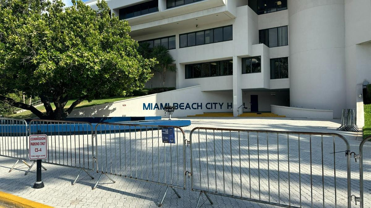 Barricades surround Miami Beach City Hall in anticipation of a pro-Palestinian protest on Tuesday, May 7, 2024.