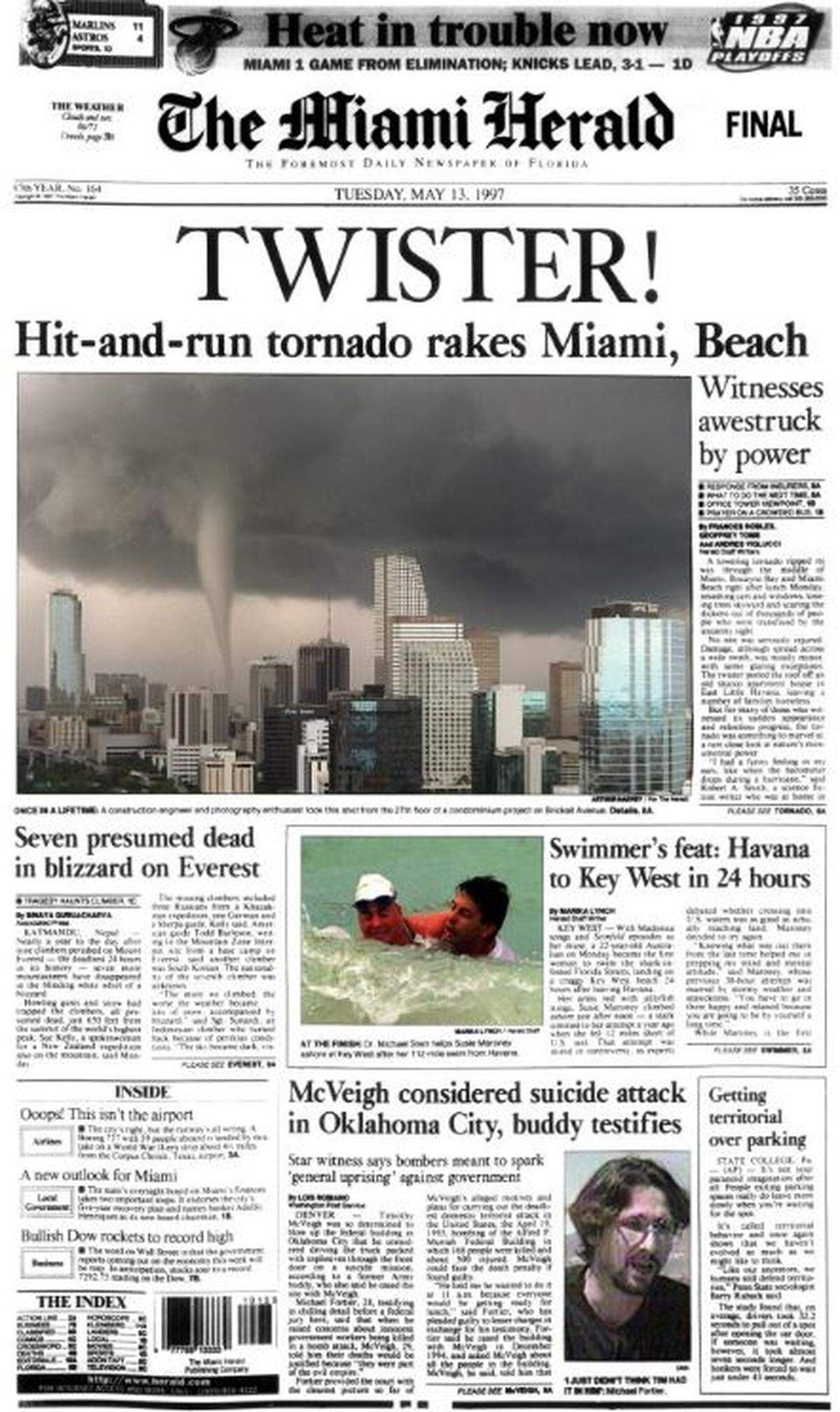 The front page capturing the tornado.