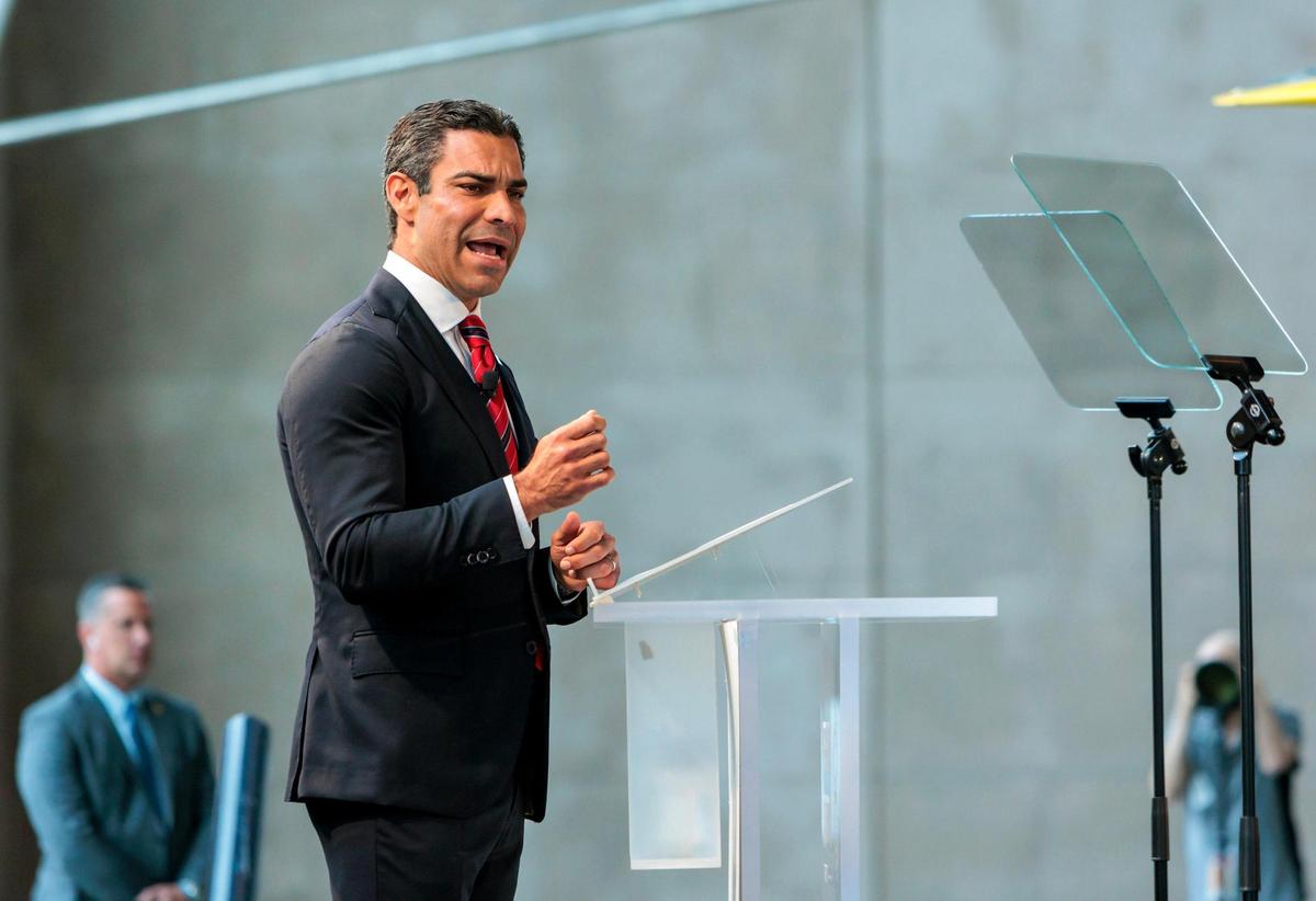 Miami Mayor Francis Suarez gives his first speech as a candidate for the 2024 Republican presidential nomination at the Ronald Reagan Presidential Library in Simi Valley, California, on Thursday, June 15, 2023.