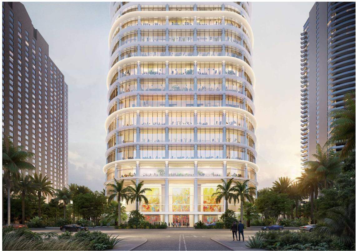 Foster + Partners artistic rendering filed to Miami-Dade County in August 2024 of the design of Ken Griffin’s proposed Citadel 54 story tower at 1201 Brickell Bay Dr. The view is from Southeast 12th Terrace looking east.