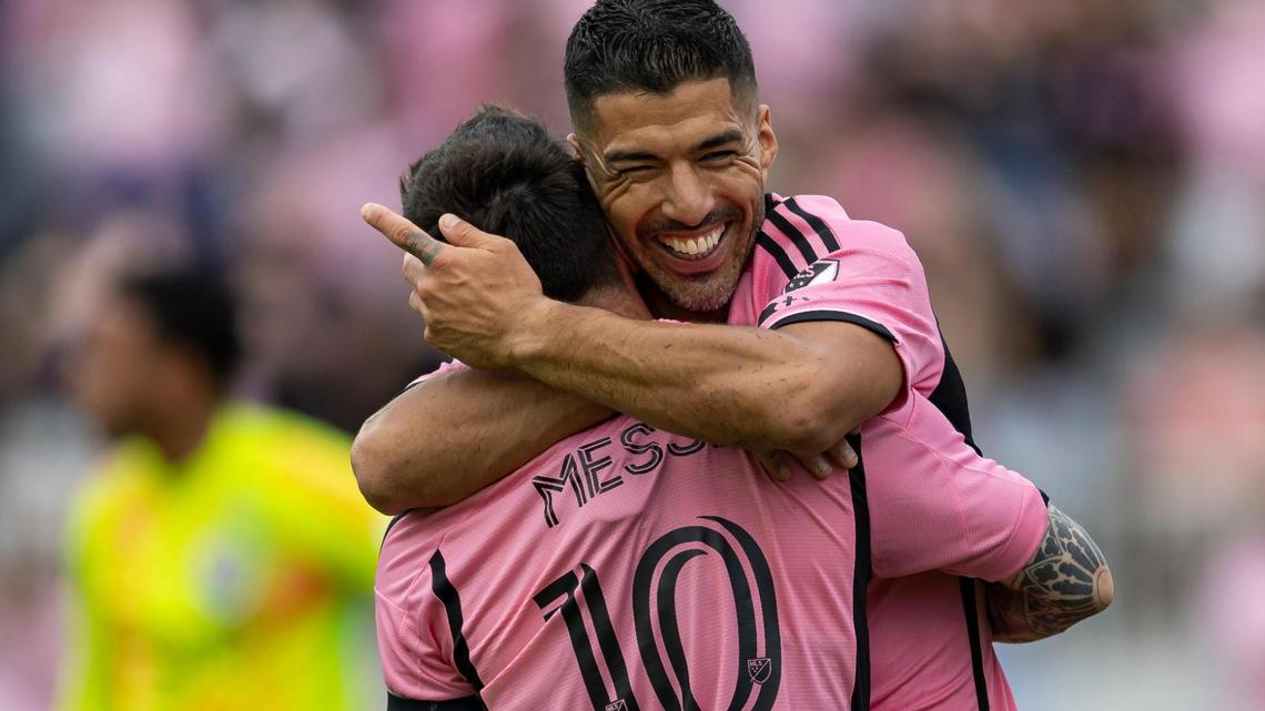 Inter Miami forward Luis Suárez (9) celebrates with Lionel Messi (10) after scoring a goal against Orlando City in the first half of an MLS match at Chase Stadium on Saturday, March 2, 2024, in Fort Lauderdale, Fla.