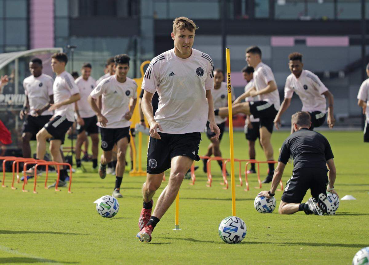 Inter Miami CF defender Grant Lillard runs drills during MLS soccer training camp at Lockhart Stadium on Tuesday, February 11, 2020 in Fort Lauderdale.