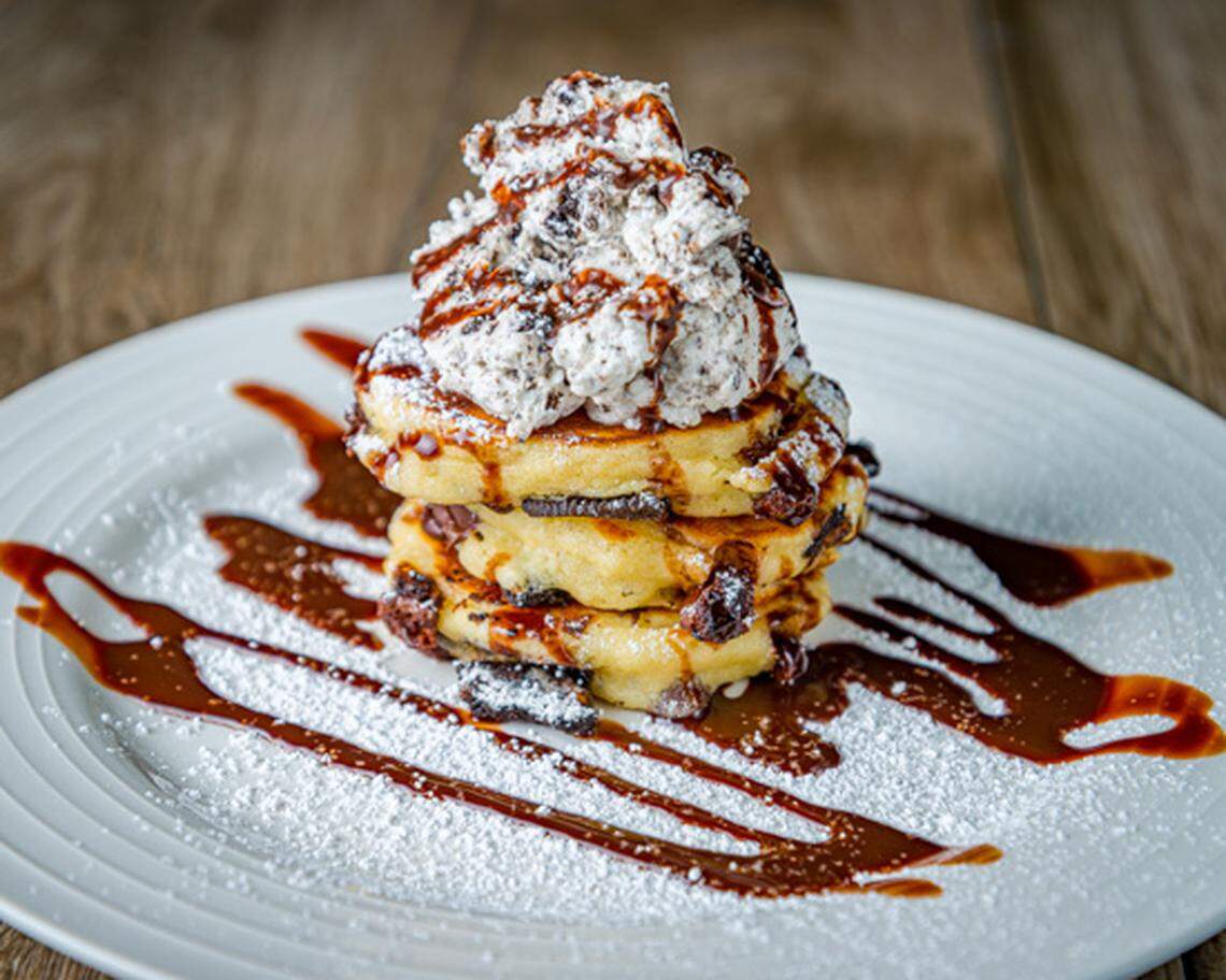 This is the Chocolate Oreo Chip pancake at Jealous Fork. We would eat the heck out of this.