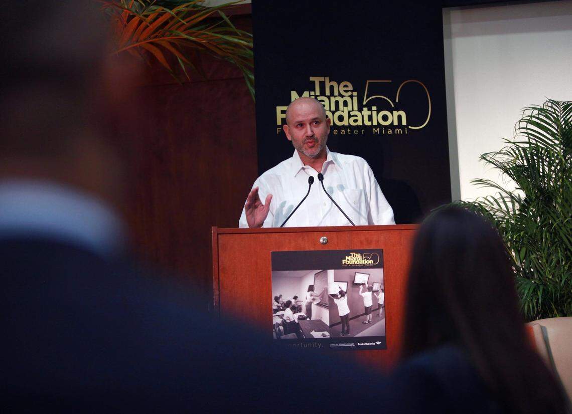 Javier Alberto Soto, then president and CEO of the Miami Foundation in this June 2, 2017, photo, talks about Miami’s inclusive qualities at a University of Miami event.