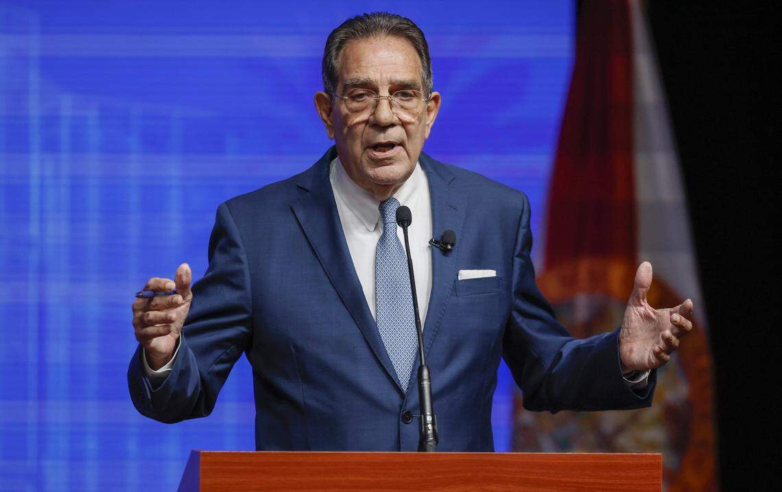 City of Miami mayoral candidate Xavier L. Suarez speaks during the Miami Mayoral Debate at the Ziff Ballet Opera House at the Adrienne Arsht Center in Miami, FL, on Thursday, October 16, 2025. 