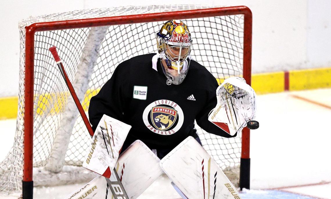 Florida Panthers goaltender Spencer Knight (30) makes a save during training camp in preparation for the 2021-22 NHL season at the FLA Live Arena on Thursday, September 23, 2021 in Sunrise, Florida.