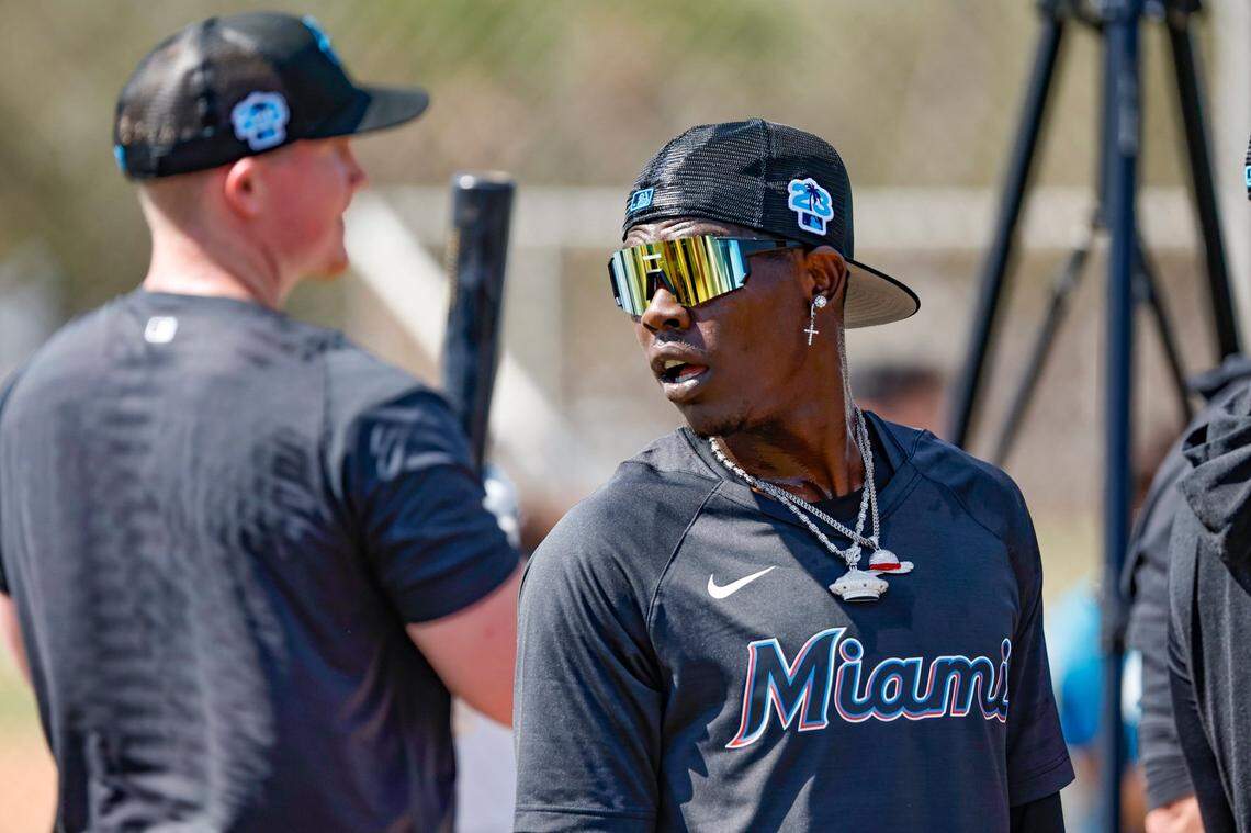 Miami Marlins outfielder Jazz Chisholm Jr. watches on before batting practice during spring training at Roger Dean Chevrolet Stadium in Jupiter, Florida on Tuesday, February 21, 2023.