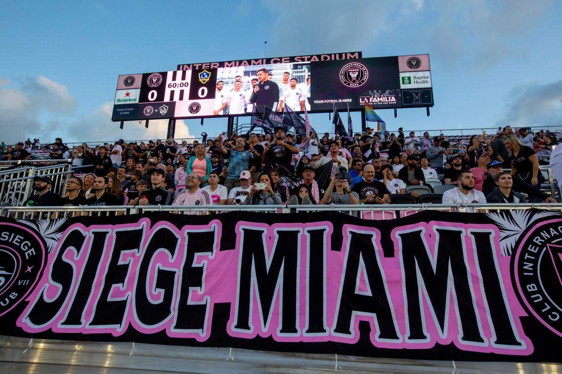 The Inter Miami CF Siege Supporter Club fill the stands as head coach Diego Alonso addresses the crowd during the first open training session available to the media and fans at Inter Miami CF Stadium in Fort Lauderdale, Florida on Tuesday, March 10, 2020.