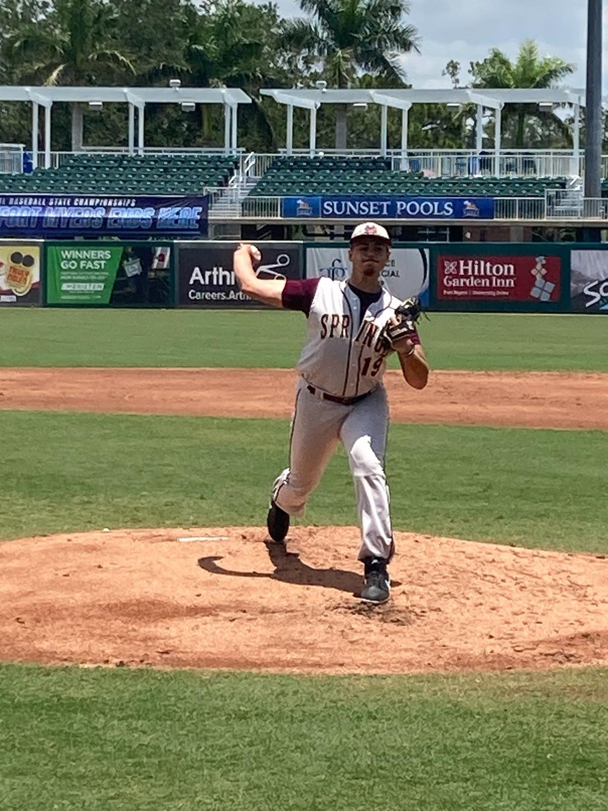 Miami Springs pitcher Kevin Roque threw a complete game 3-hitter to lead the Golden Hawks past Ft. Myers Bishop Verot in a 3A state semifinal and into their first-ever state championship game.