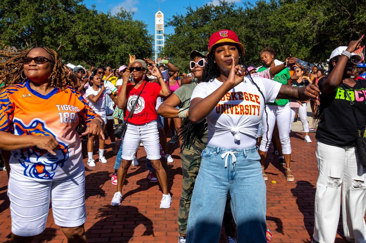 Sorority women stroll during the 6th Annual South Florida HBCU Picnic at Florida Memorial University in Miami Gardens, Florida, on Saturday, July 9, 2022.