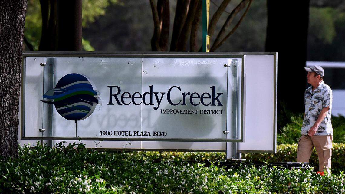 The sign outside the Reedy Creek Improvement District administrative office building is seen at Walt Disney World in Lake Buena Vista, the day after Florida Gov. Ron DeSantis signed a bill dissolving the theme park’s special purpose district.