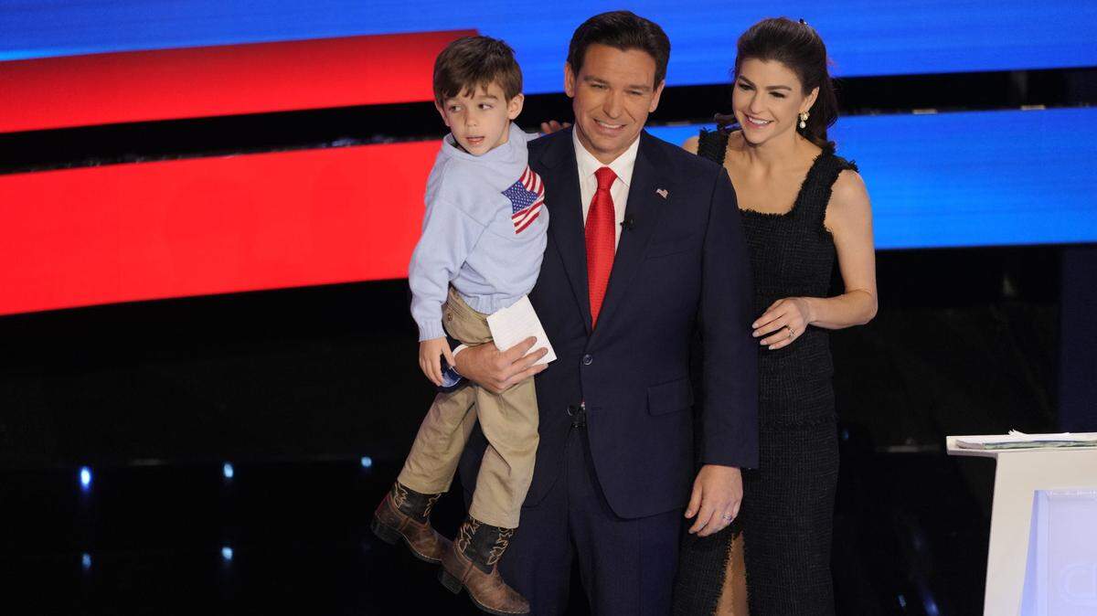 Republican presidential candidate Florida Governor Ron DeSantis stands on stage with his wife, Casey DeSantis, and son, Mason DeSantis, after the Republican Presidential Primary Debate at Drake University in Des Moines, Iowa hosted by CNN on Jan. 10, 2024.